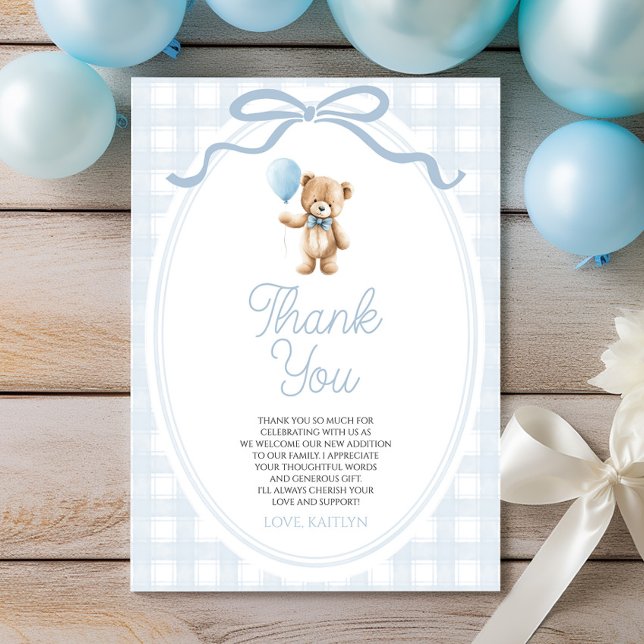 We Can Bearly Wait Blue Teddy Bear Baby Shower Dankeskarte (Von Creator hochgeladen)