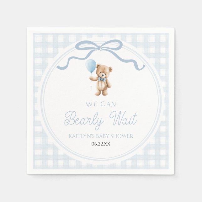 We Can Bearly Wait Blue Teddy Bear Baby Shower Serviette (Vorderseite)
