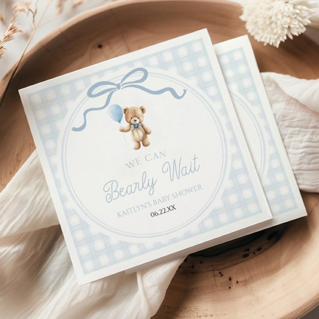 We Can Bearly Wait Blue Teddy Bear Baby Shower Serviette (Von Creator hochgeladen)