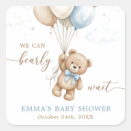 We Can Bearly Wait Boy Baby Shower Custom Quadratischer Aufkleber