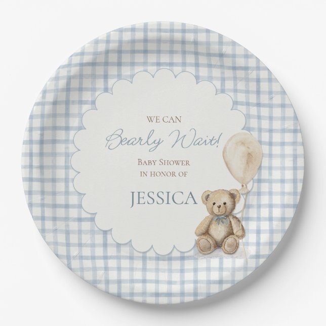 We Can Bearly Wait Boy Teddy Bear Baby Shower Pappteller (Vorderseite)