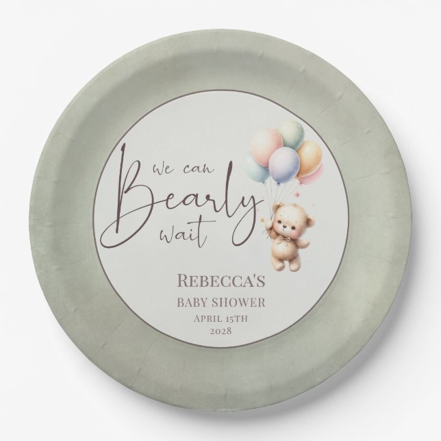 We can bearly wait cute bear balloon baby shower pappteller (Vorderseite)