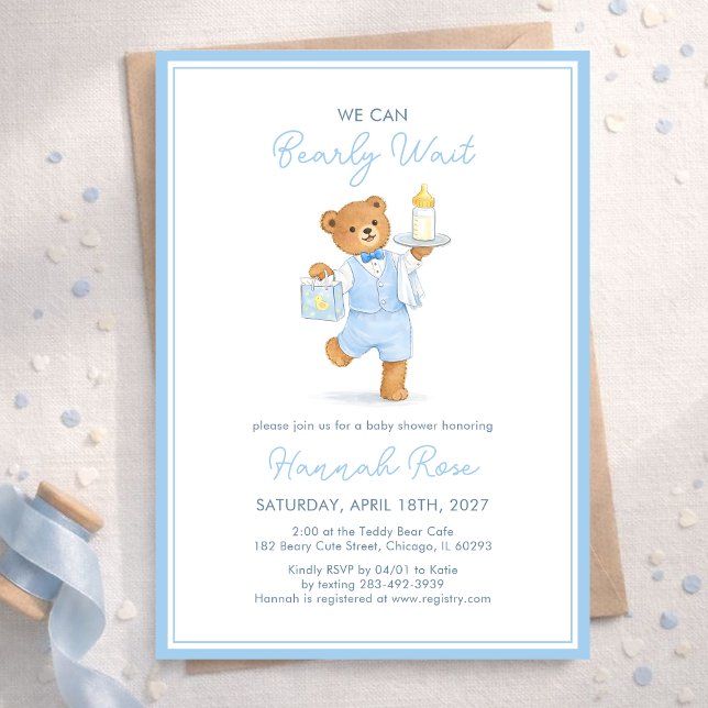 We Can Bearly Wait Cute Blue Boy Teddy Baby Shower Einladung (Von Creator hochgeladen)