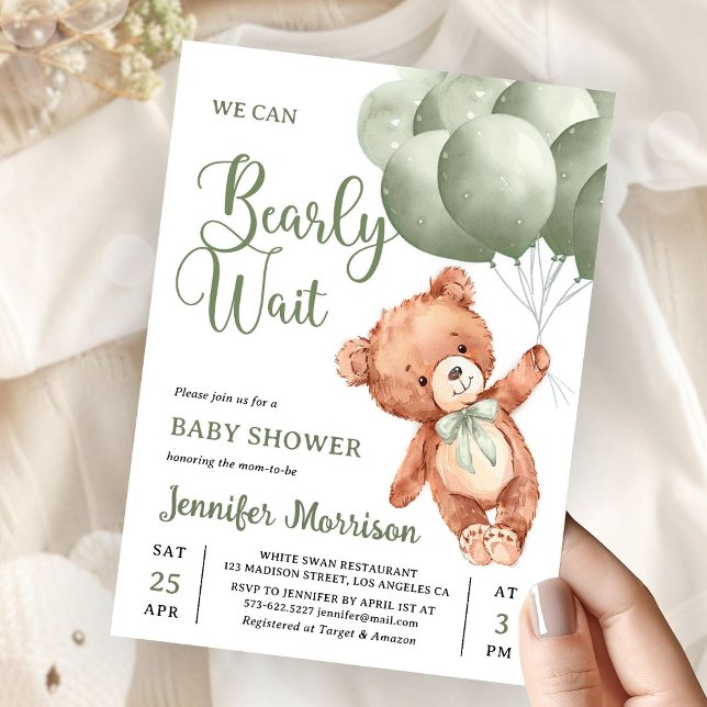 We Can Bearly Wait Green Teddy Bear Baby Shower Einladung (Von Creator hochgeladen)