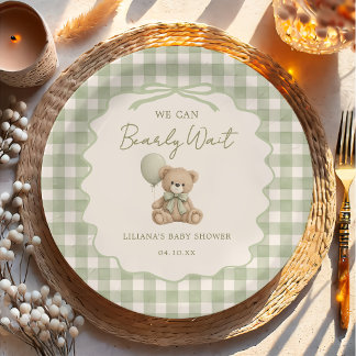 We Can Bearly Wait Green Teddy Bear Baby Shower Pappteller