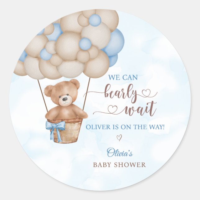 We Can Bearly Wait Hot Air Balloon Baby Shower Runder Aufkleber (Vorderseite)