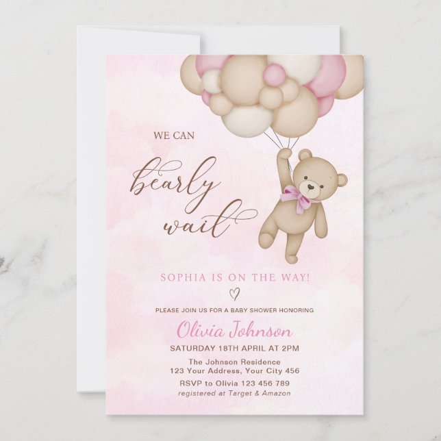 We Can Bearly Wait Pink Baby Shower Einladung (Vorderseite)