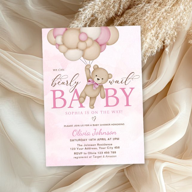 We Can Bearly Wait Pink Baby Shower Einladung (Von Creator hochgeladen)