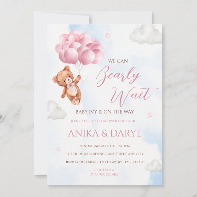 We Can Bearly Wait Pink Baby Shower Invitation (Devant)