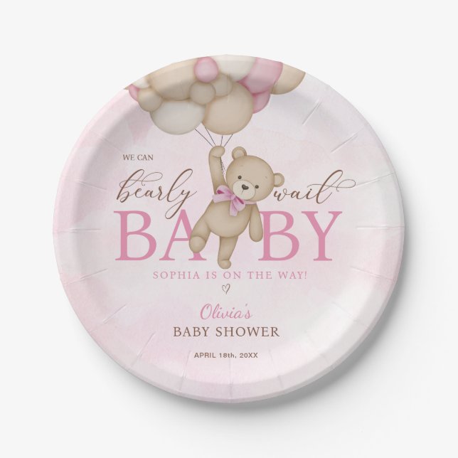 We Can Bearly Wait Pink Baby Shower Pappteller (Vorderseite)