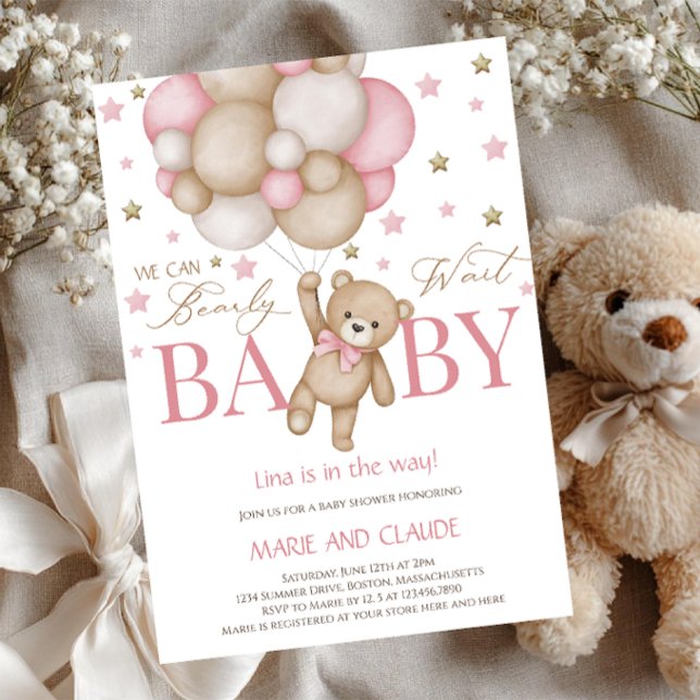We can Bearly Wait Pink&beige Balloons baby shower Einladung (Von Creator hochgeladen)