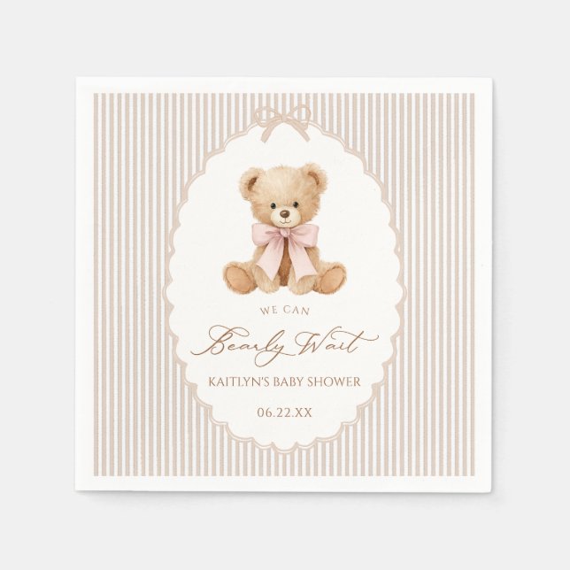 We Can Bearly Wait pink bow girl Baby Shower Serviette (Vorderseite)