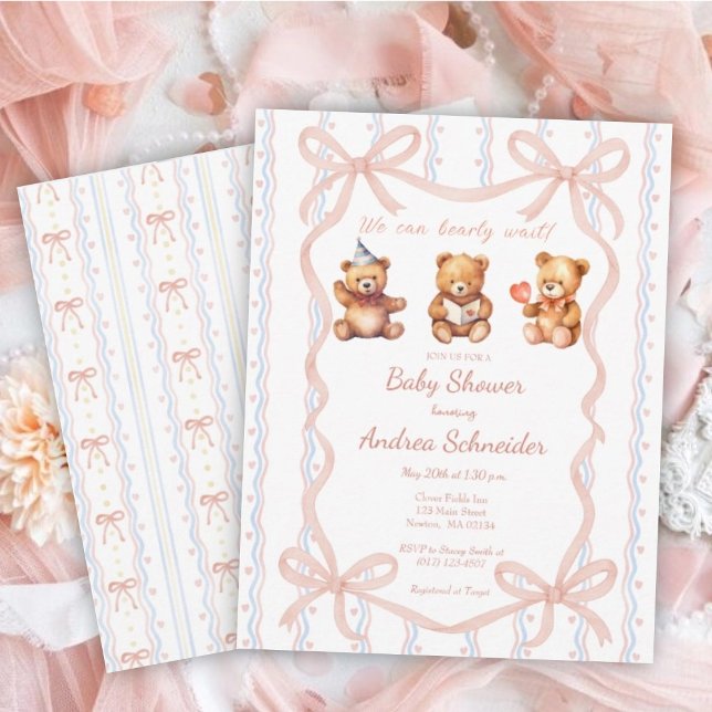 We Can Bearly Wait Pink Lace Ribbon Baby Shower Einladung (Von Creator hochgeladen)