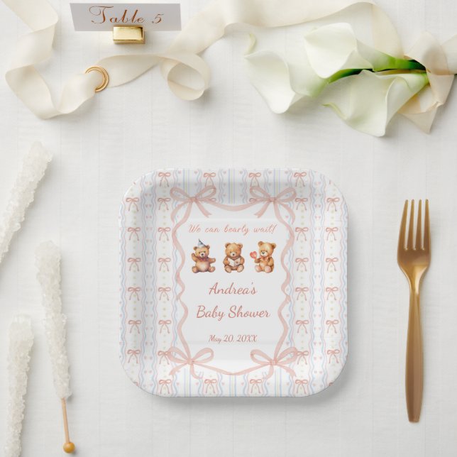 We Can Bearly Wait Pink Lace Ribbon Baby Shower  Pappteller (Hochzeit)