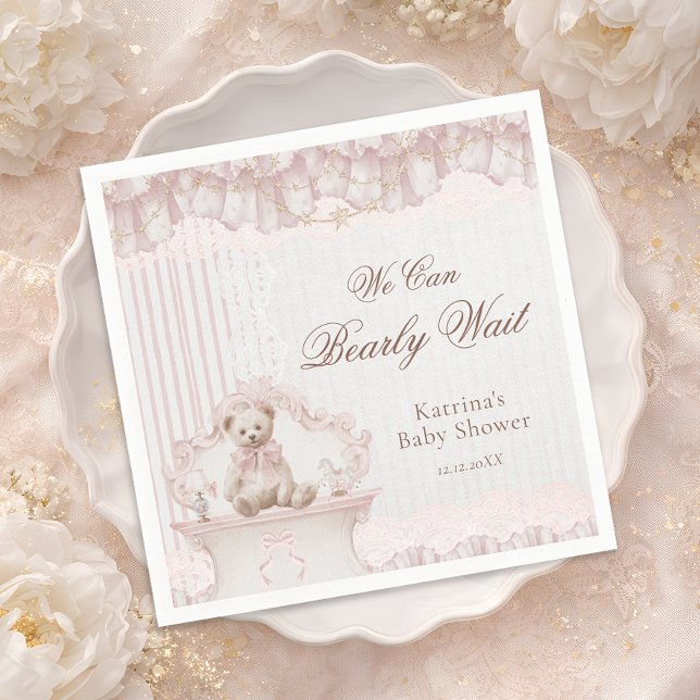 We Can Bearly Wait Pink Nursery Girl Baby Shower Serviette (Von Creator hochgeladen)