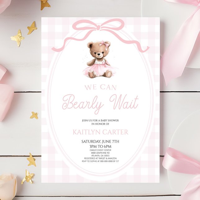We Can Bearly Wait Pink Teddy Bear Baby Shower Einladung (Von Creator hochgeladen)