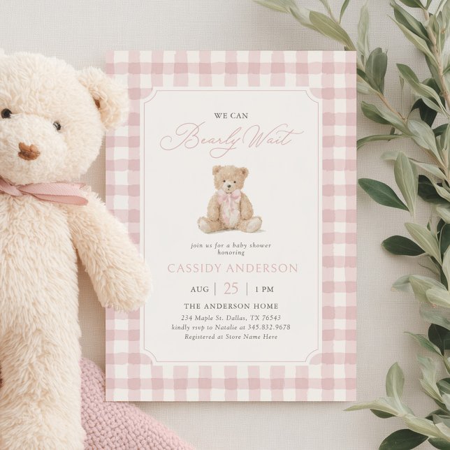 We Can Bearly Wait Pink Teddy Bear Baby Shower Einladung (Von Creator hochgeladen)