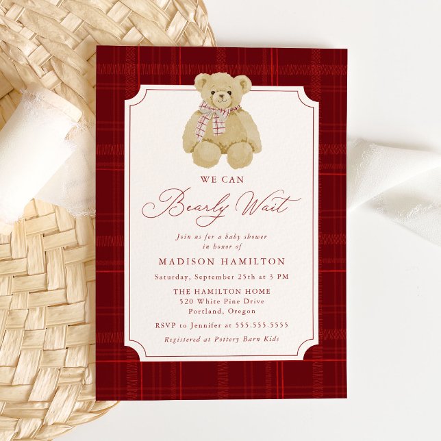 We Can Bearly Wait Plaid Teddy Bear Baby Shower Einladung (Von Creator hochgeladen)