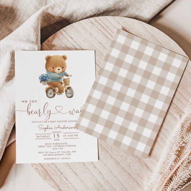 We Can Bearly Wait Teddy Bear Bicycle Baby Shower Einladung (Von Creator hochgeladen)