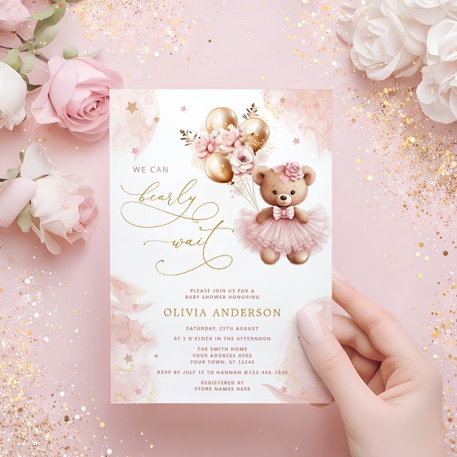We Can Bearly Wait Teddy Bear Girl Baby Shower Inv Einladung (Von Creator hochgeladen)