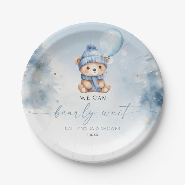 We Can Bearly Wait Winter Teddy Bear Baby Shower Pappteller (Vorderseite)