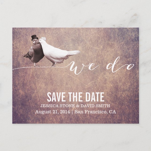 "We do" Classy Grunge Love Birds Save the Date Ankündigungspostkarte (Vorderseite)