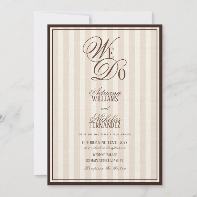 We Do Elegant Striped Espresso Wedding Einladung (Vorderseite)