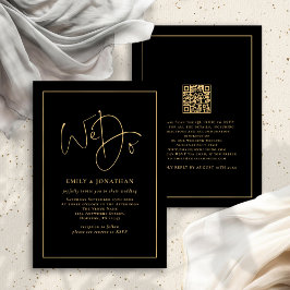 We Do Gold Script Line Border QR Black Wedding Einladung