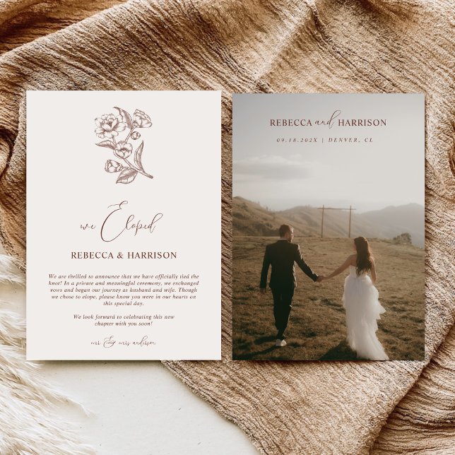 We Eloped Brown Floral Boho | Photo Wedding  Ankündigung (Von Creator hochgeladen)