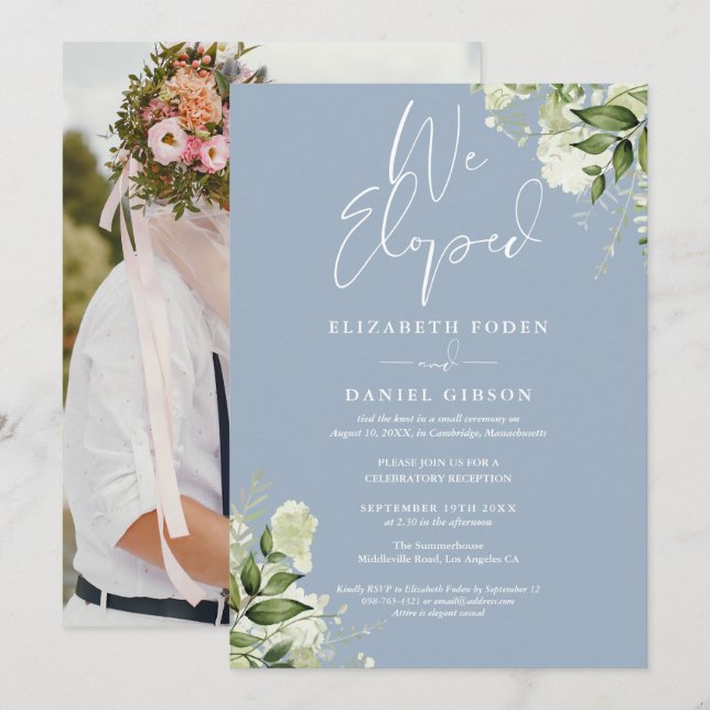 We Eloped Greenery Dusty Blue Photo Wedding Party Einladung (Vorne/Hinten)