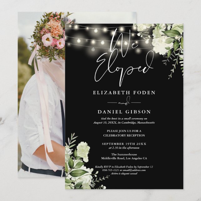 We Eloped Greenery Floral Photo Wedding Party Einladung (Vorne/Hinten)