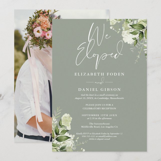 We Eloped Greenery Sage Green Photo Wedding Party Einladung (Vorne/Hinten)