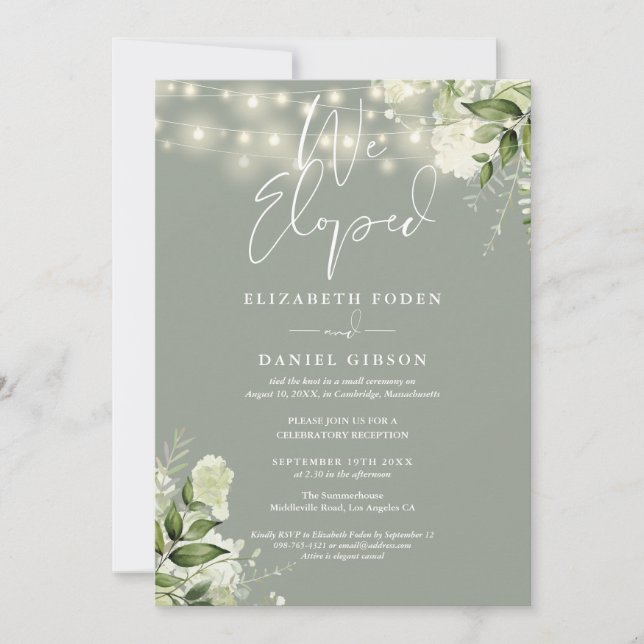 We Eloped Sage Green Wedding Vows Greenery Party Einladung (Vorderseite)