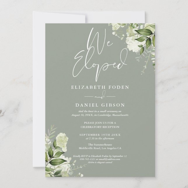We Eloped Sage Green Wedding Vows Greenery Party Einladung (Vorderseite)