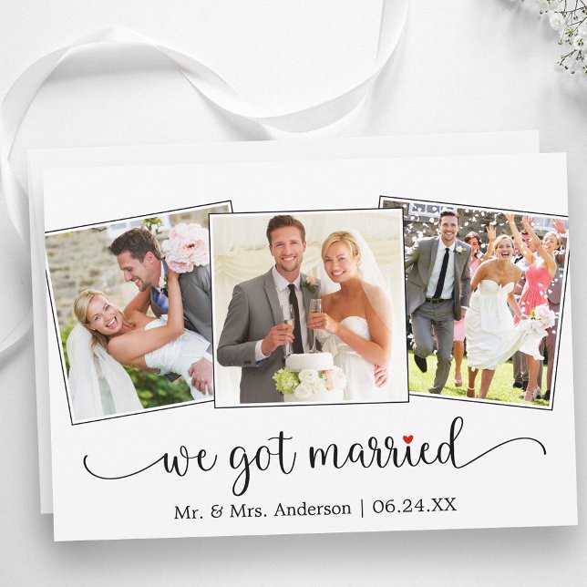We Got Married Calligraphy Red Heart 3 Photo Ankündigung (Customize to change your personalized text size, text style or to add text to back of card.)