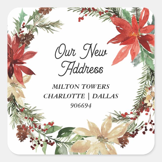 We Have Moved | Christmas Wreath | New Address Quadratischer Aufkleber (Vorderseite)