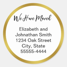 We Have Moved Script White Moving Announcement Runder Aufkleber