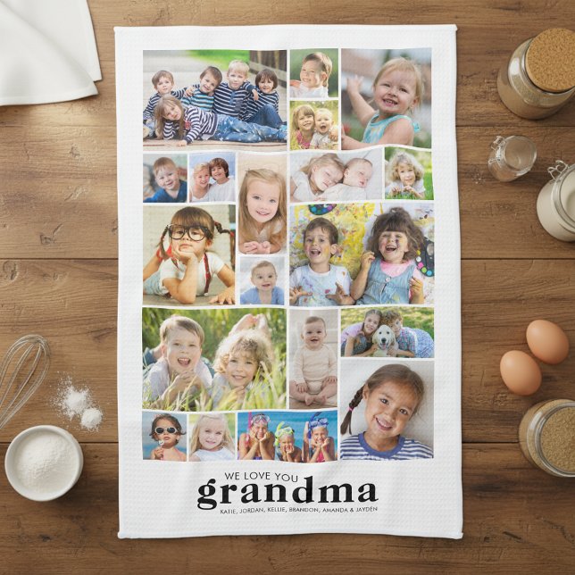 We Love You Grandma 19 Photo Collage Names Modern Geschirrtuch (Von Creator hochgeladen)