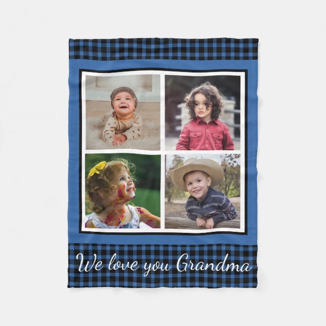 We Love You Grandma 4 Photo Collage Blue  Plaid  Fleecedecke (Vorderseite)