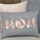 We Love You Mom Photo  Dekokissen<br><div class="desc">This charming photo keepsake pillow is decorated with family photos in the shape of "MOM" and says,  "We Love You."  Easily customizable with your photos and children's names.</div>