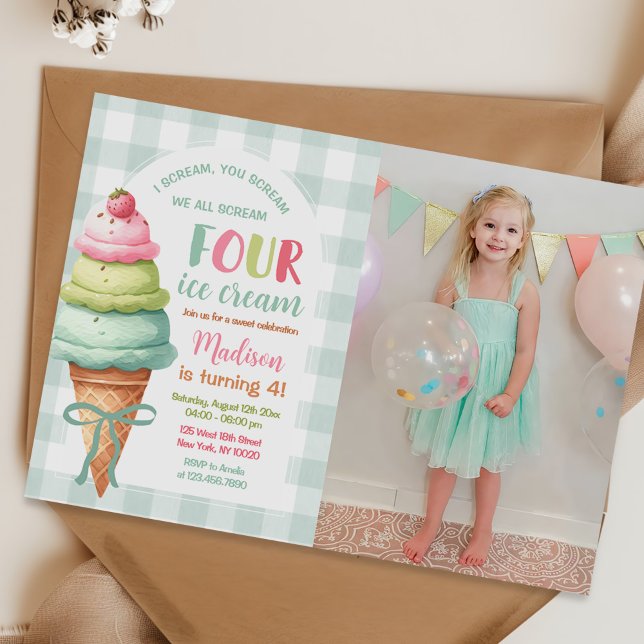 We Scream Four Ice Cream Bow 4th Birthday Photo Einladung (Von Creator hochgeladen)