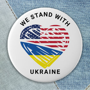 We Stand With Ukraine USA American Flag Heart Button