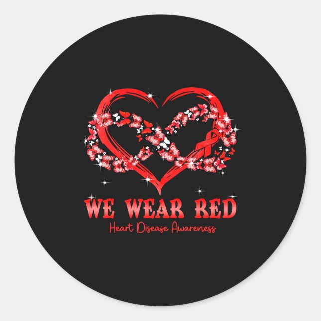We Wear Red Butterfly Heart Heart Disease Awarenes Runder Aufkleber (Vorderseite)