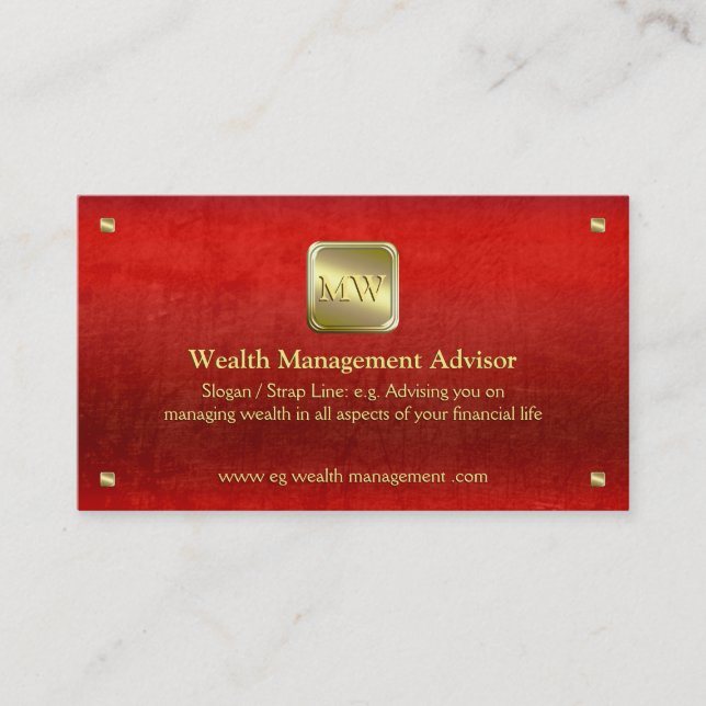 Wealth Advisor, Goldene Typenschild, rotes Lederlo Visitenkarte (Vorderseite)