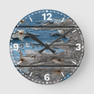 Weathered Blue Wooden Planks Rustic Decor Runde Wanduhr