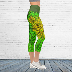 Weave Mandala Gelb und Grün Capri Leggings