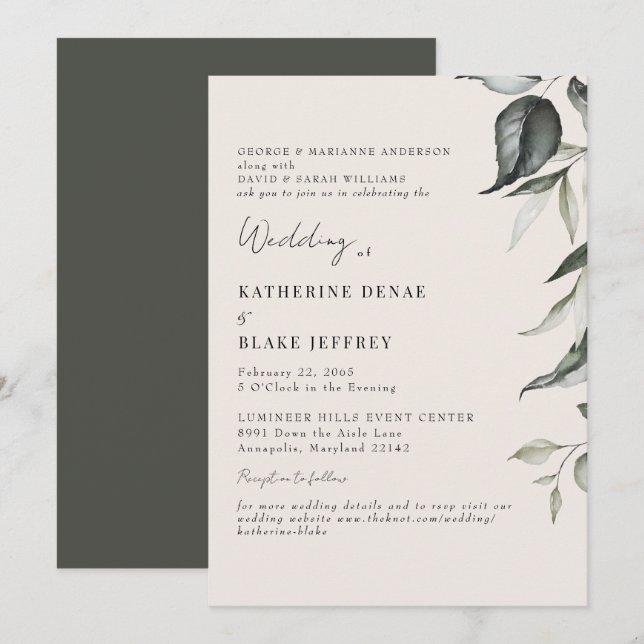 Webseite für Botanische Foliage Hochzeit von Champ Einladung (Vorne/Hinten)