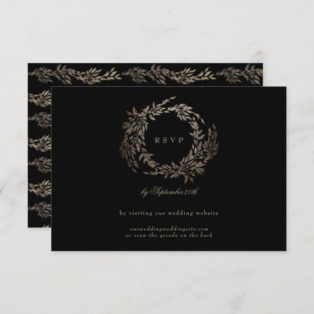 WEBSITE "Black Ebony Botanical Wreath QR CODE" RSVP Karte (Vorne/Hinten)