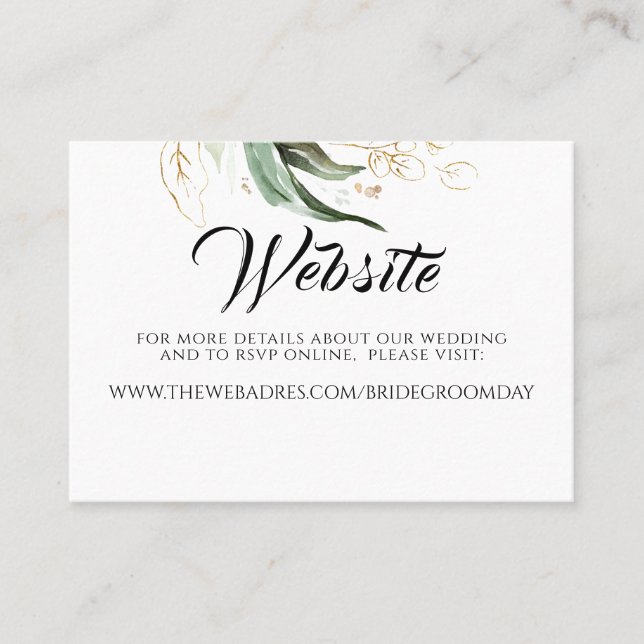 Website für Hochzeiten Gold Greenery Visitenkarte (Vorderseite)