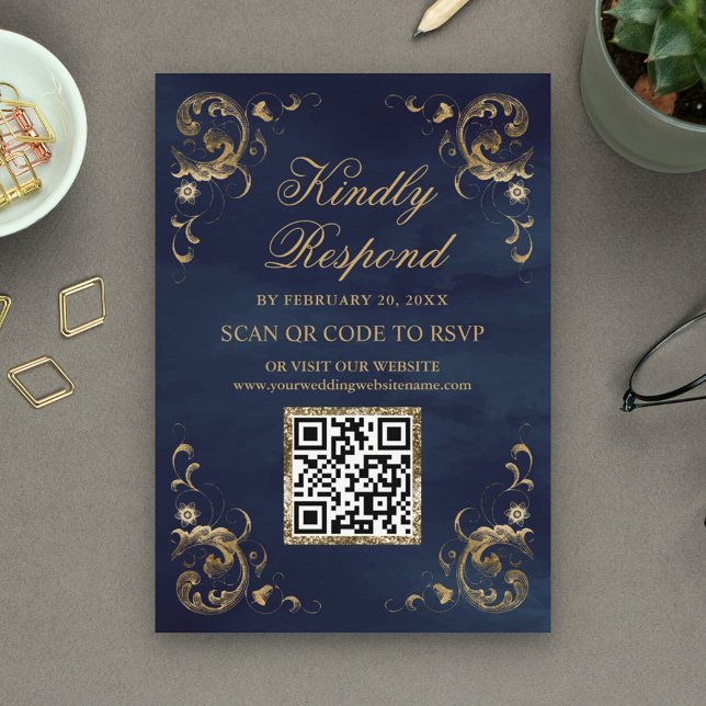 Website für Hochzeiten von Navy Blue Gold QR Code  Begleitkarte (Von Creator hochgeladen)